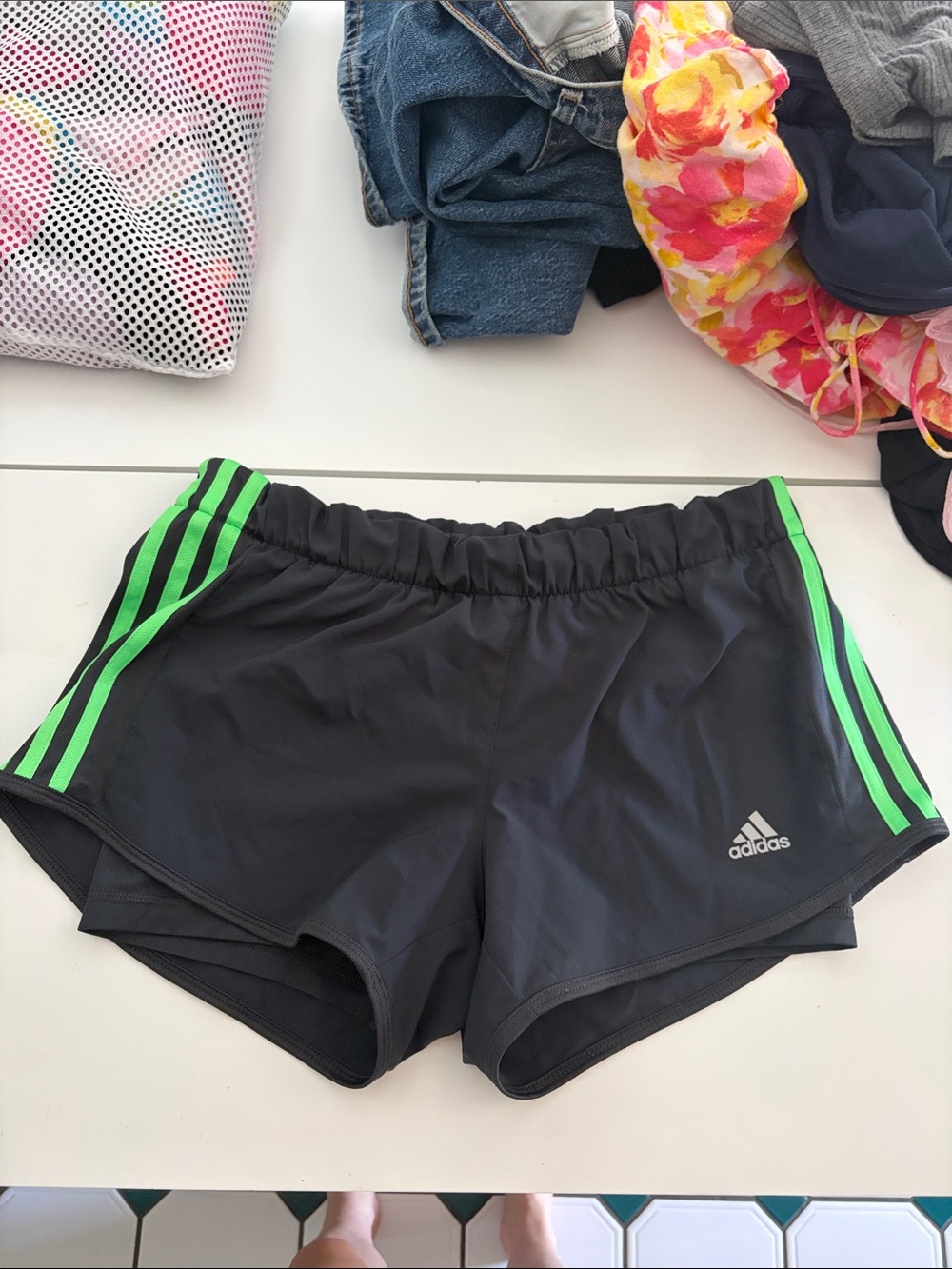 adidas dark grey climate Athletic Shorts with Neon Green Stripes